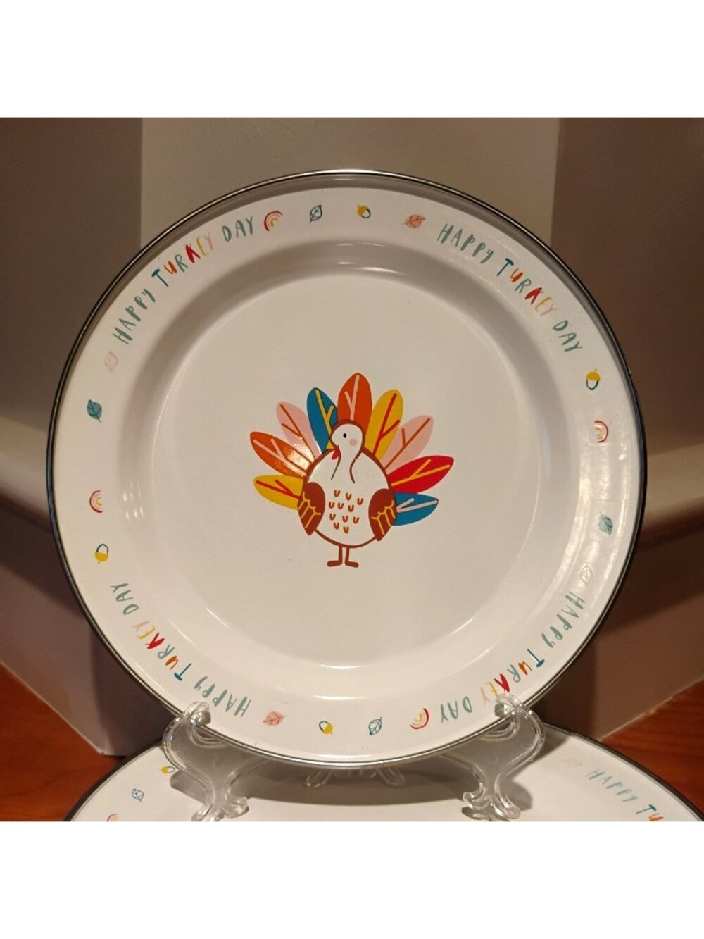 Set of 7 World Market Enamel & Metal Thanksgiving Turkey 8.25" Dinner Plates